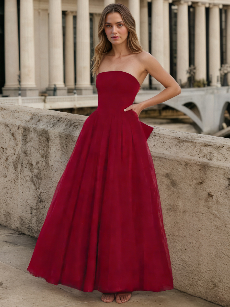 Elegant Strapless Waist-Cinching Organza Ball Gown Floor-Length Prom Gown with Bow