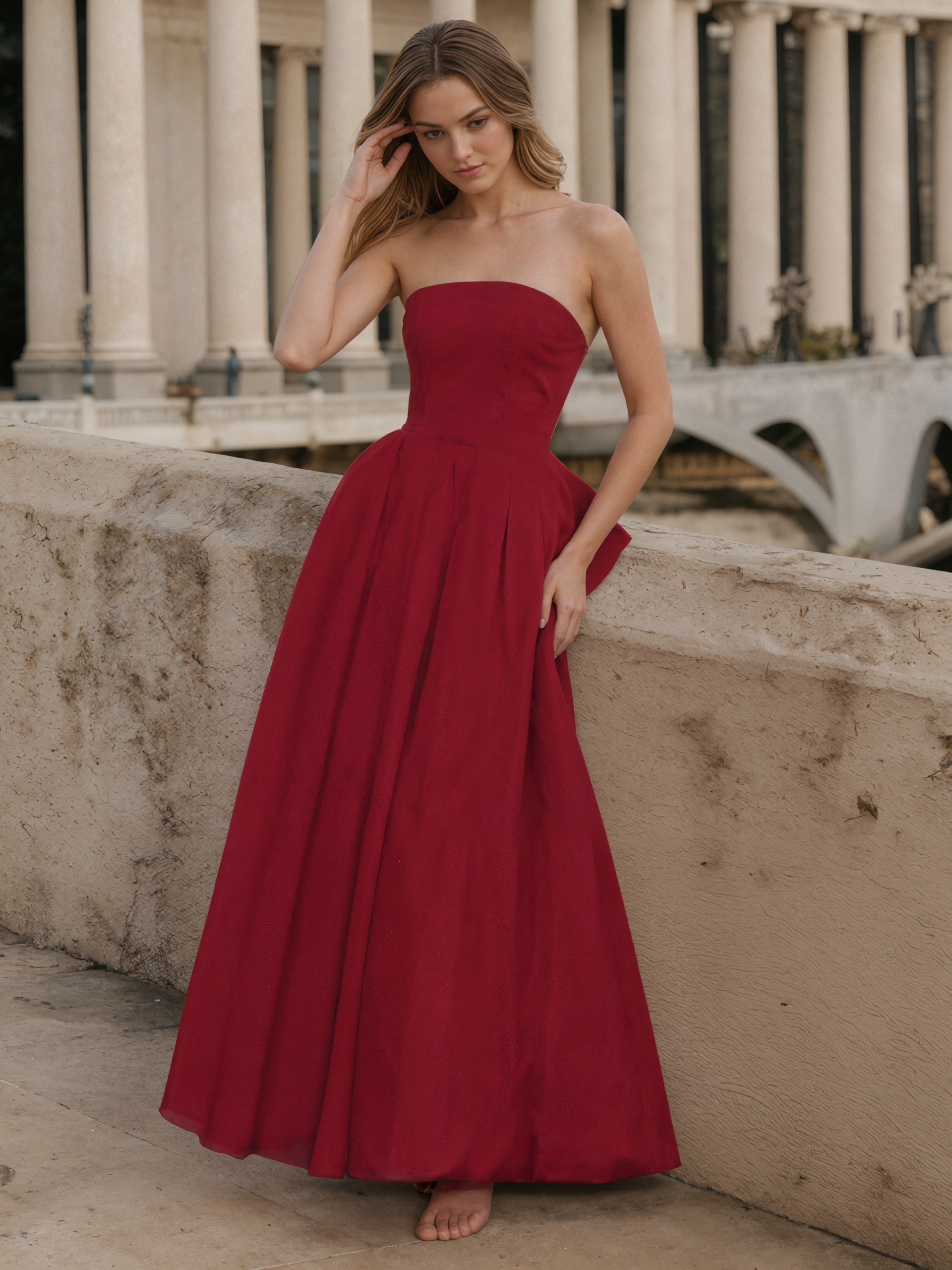 Elegant Strapless Waist-Cinching Organza Ball Gown Floor-Length Prom Gown with Bow