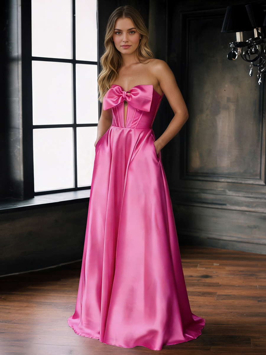 Cute Strapless Bow Cutout Satin Ball Gown Floor-Length Prom Gown