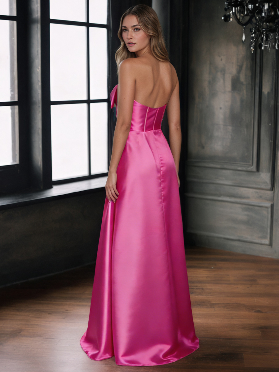 Cute Strapless Bow Cutout Satin Ball Gown Floor-Length Prom Gown