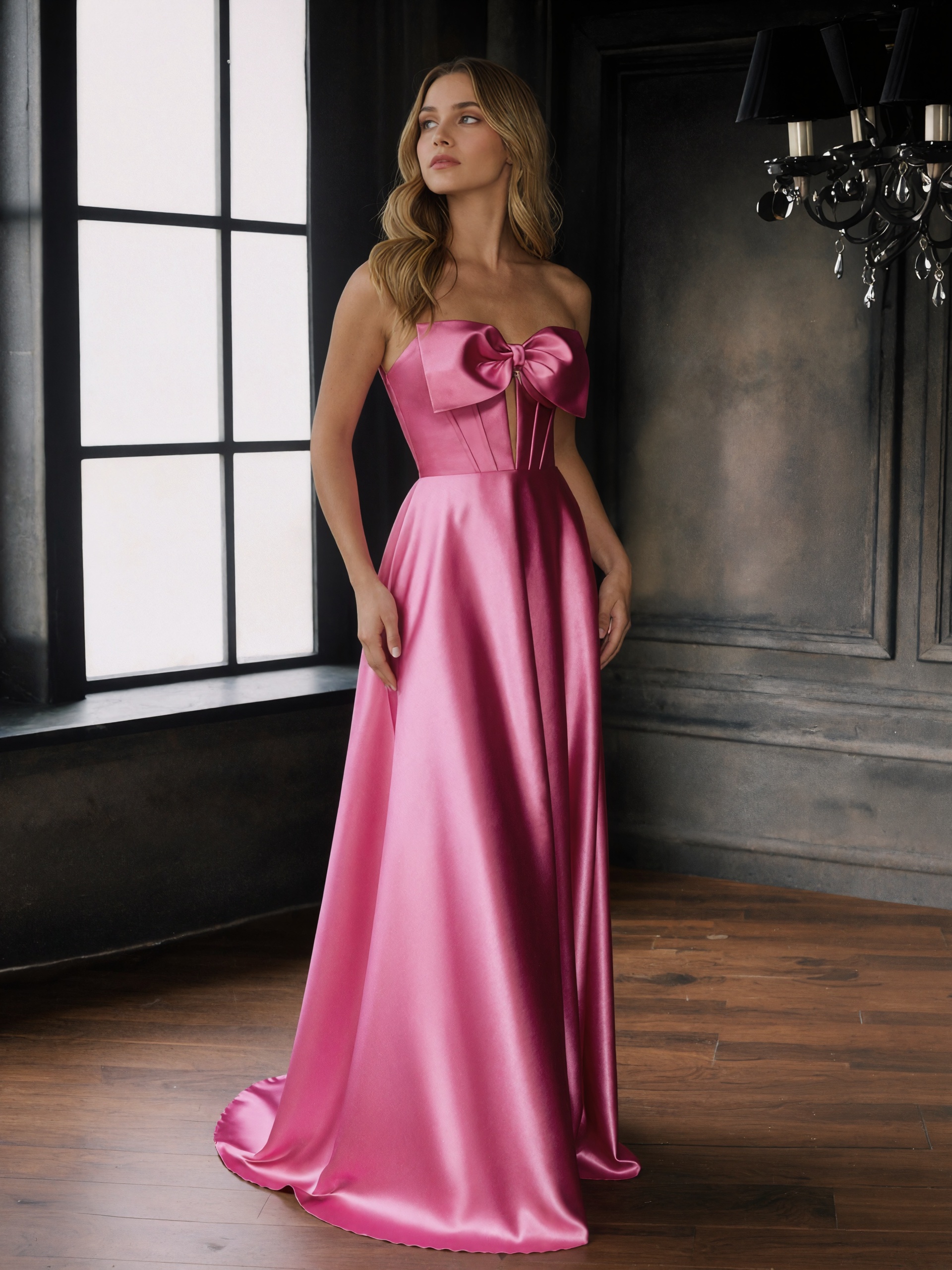 Cute Strapless Bow Cutout Satin Ball Gown Floor-Length Prom Gown