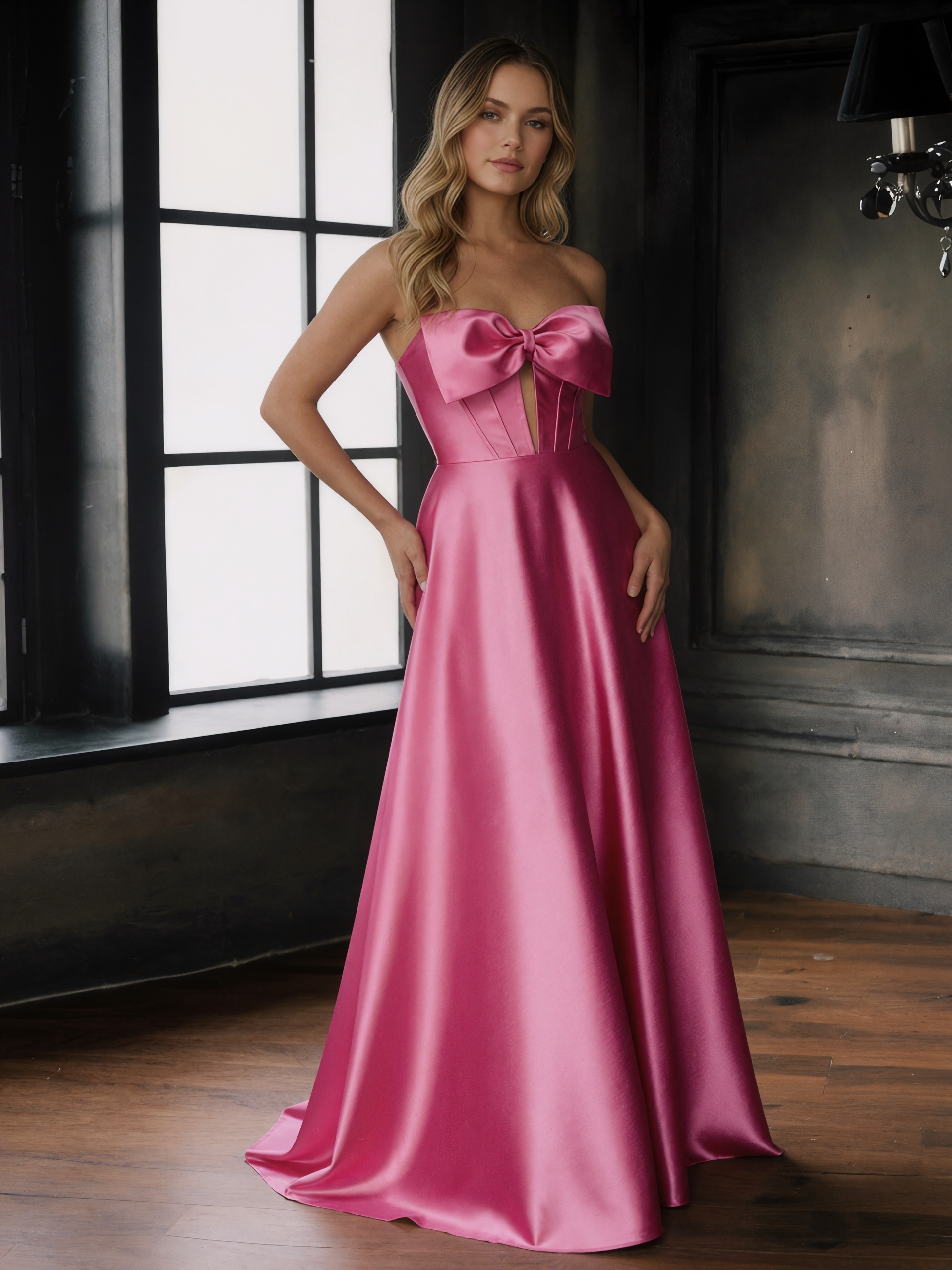 Cute Strapless Bow Cutout Satin Ball Gown Floor-Length Prom Gown