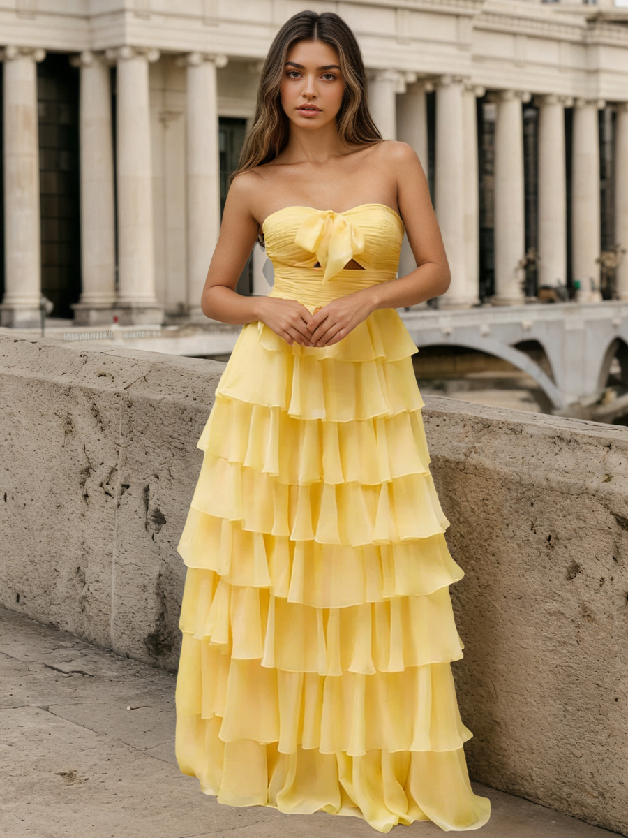 Cute Strapless Bow Ruched Tiered Ruffle Chiffon Floor-Length Prom Gown