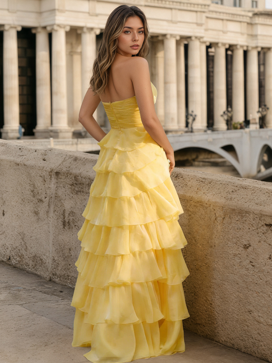 Cute Strapless Bow Ruched Tiered Ruffle Chiffon Floor-Length Prom Gown