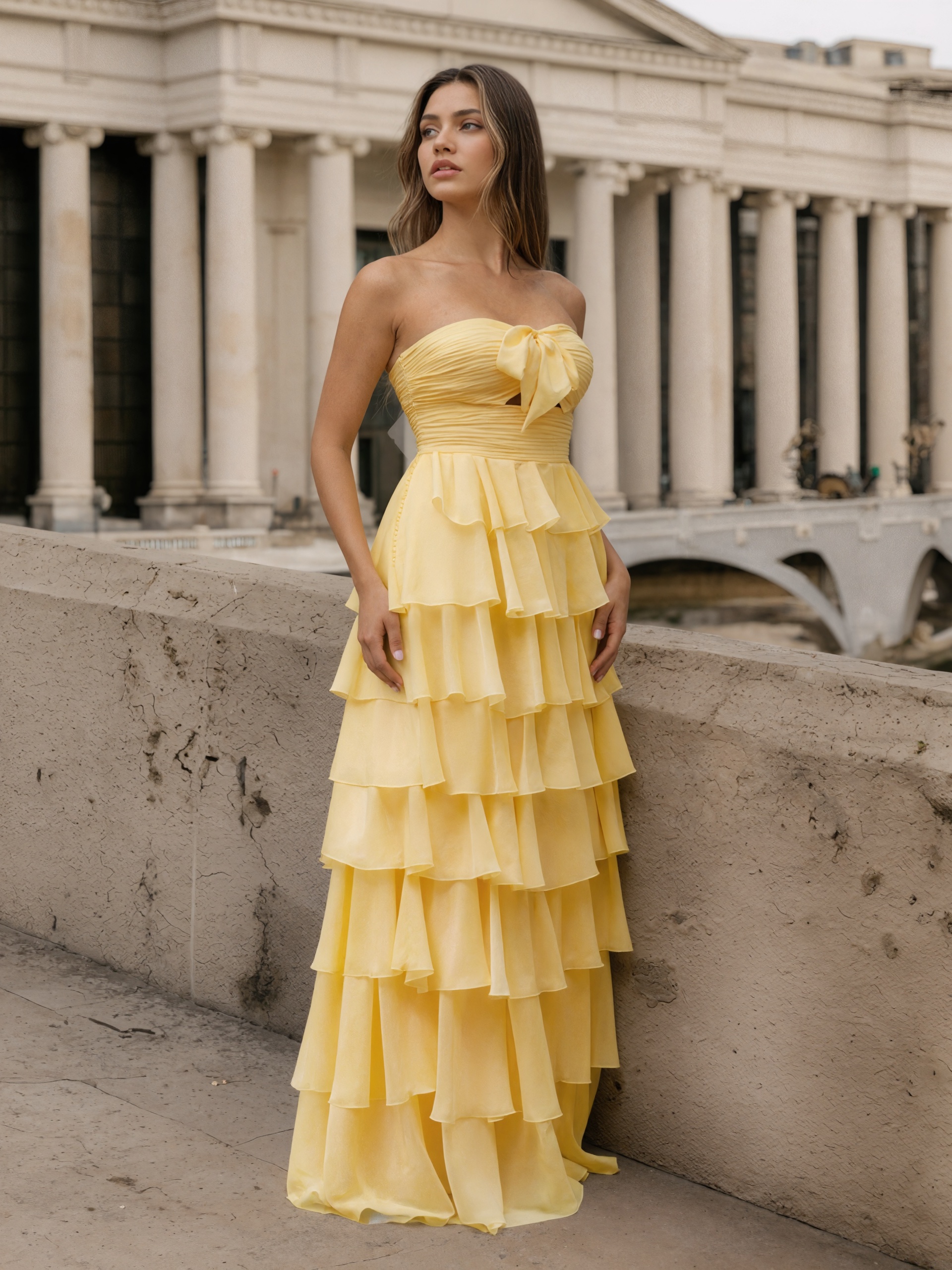 Cute Strapless Bow Ruched Tiered Ruffle Chiffon Floor-Length Prom Gown