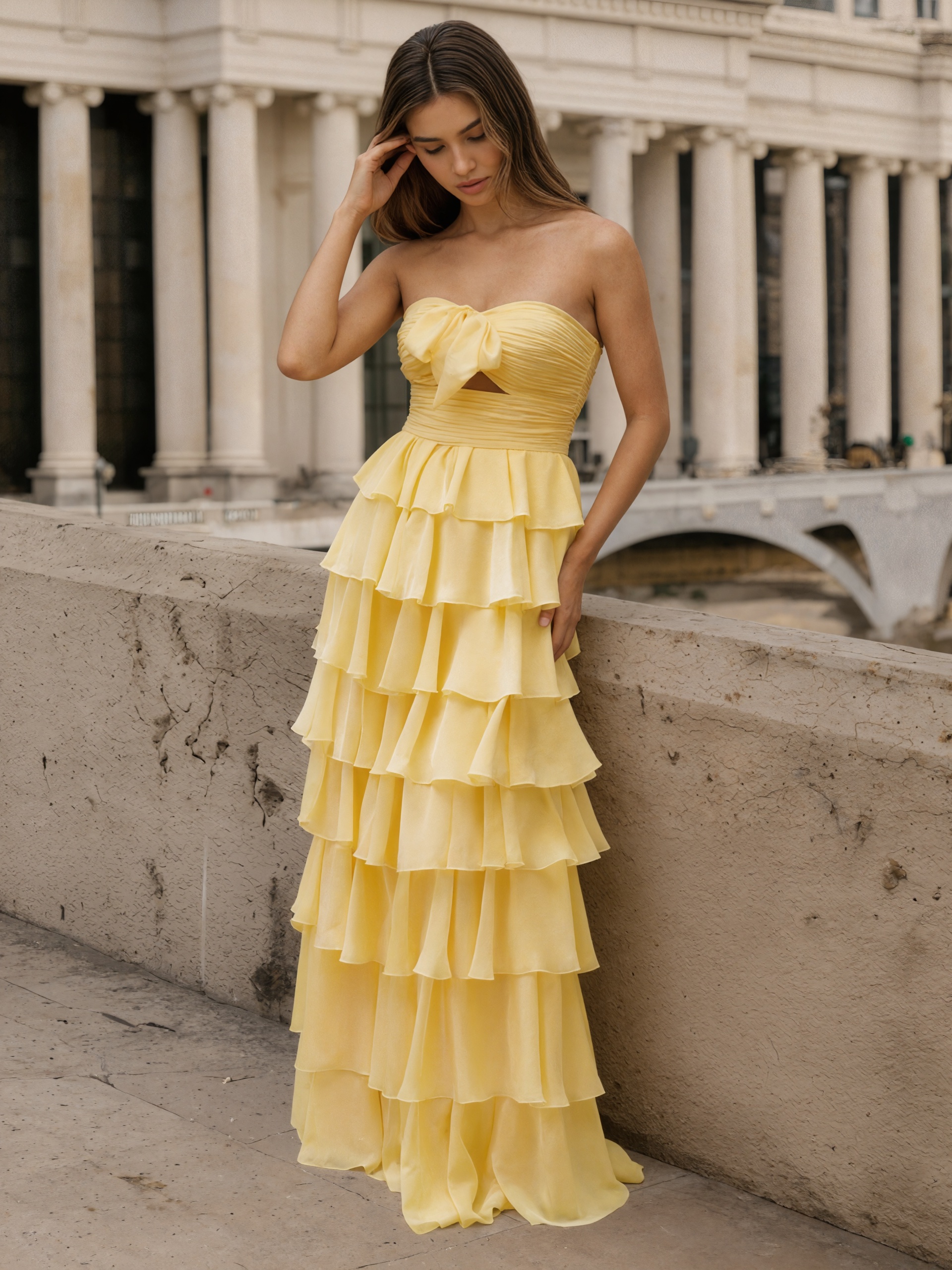 Cute Strapless Bow Ruched Tiered Ruffle Chiffon Floor-Length Prom Gown