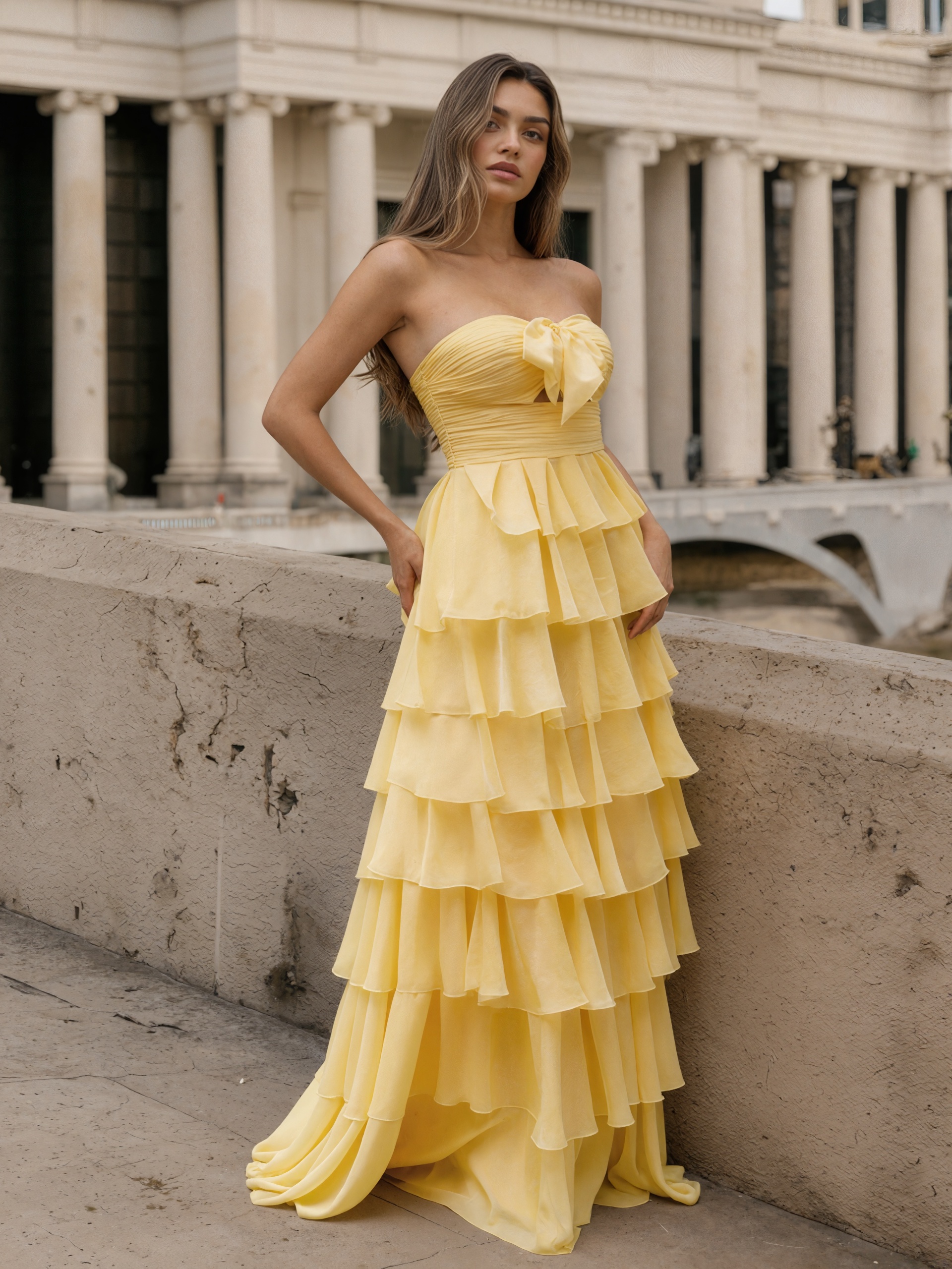 Cute Strapless Bow Ruched Tiered Ruffle Chiffon Floor-Length Prom Gown