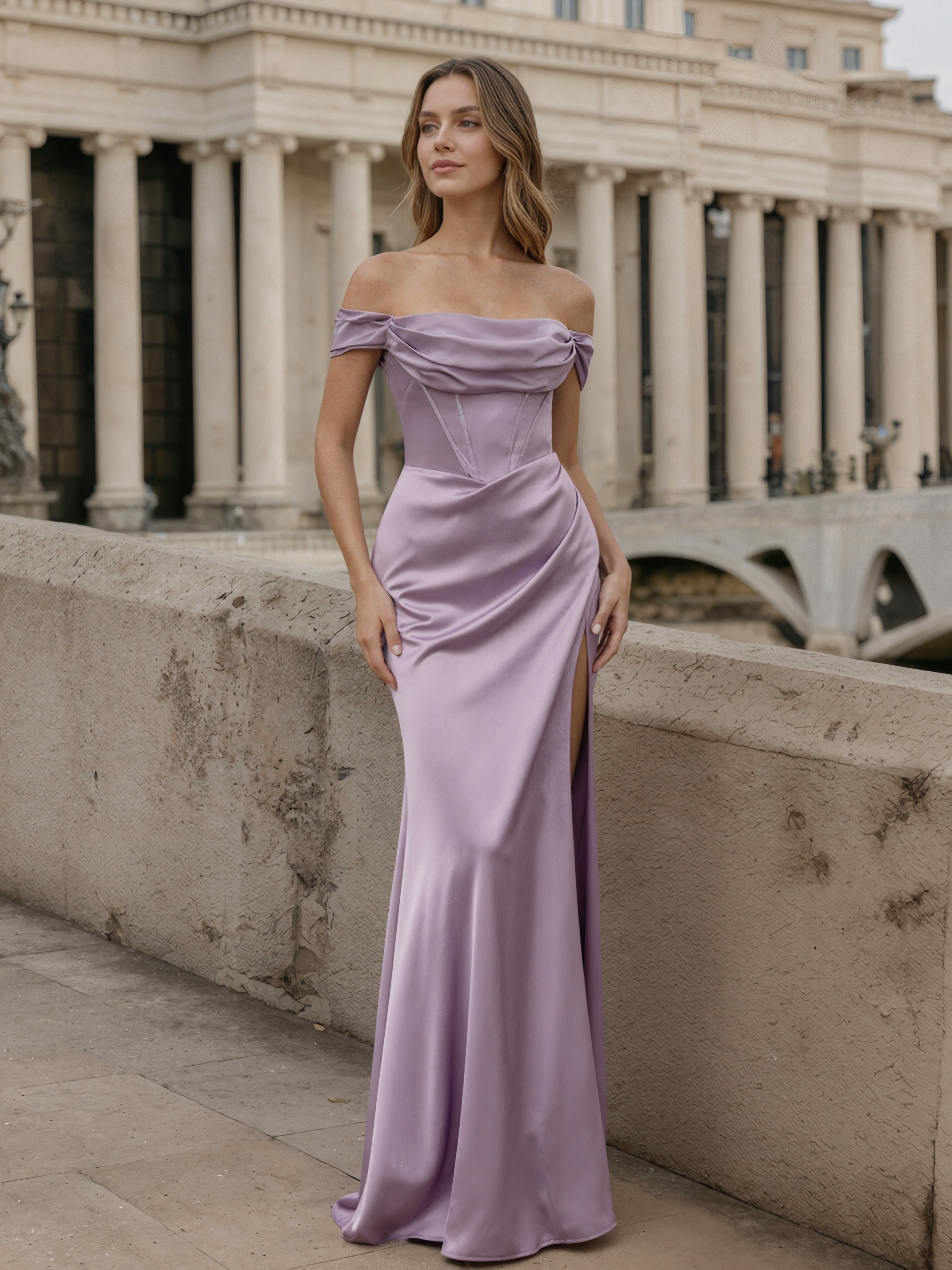 Off-the-Shoulder Cowl Neck Corset Waist Satin High Slit Floor-Length Prom Gown