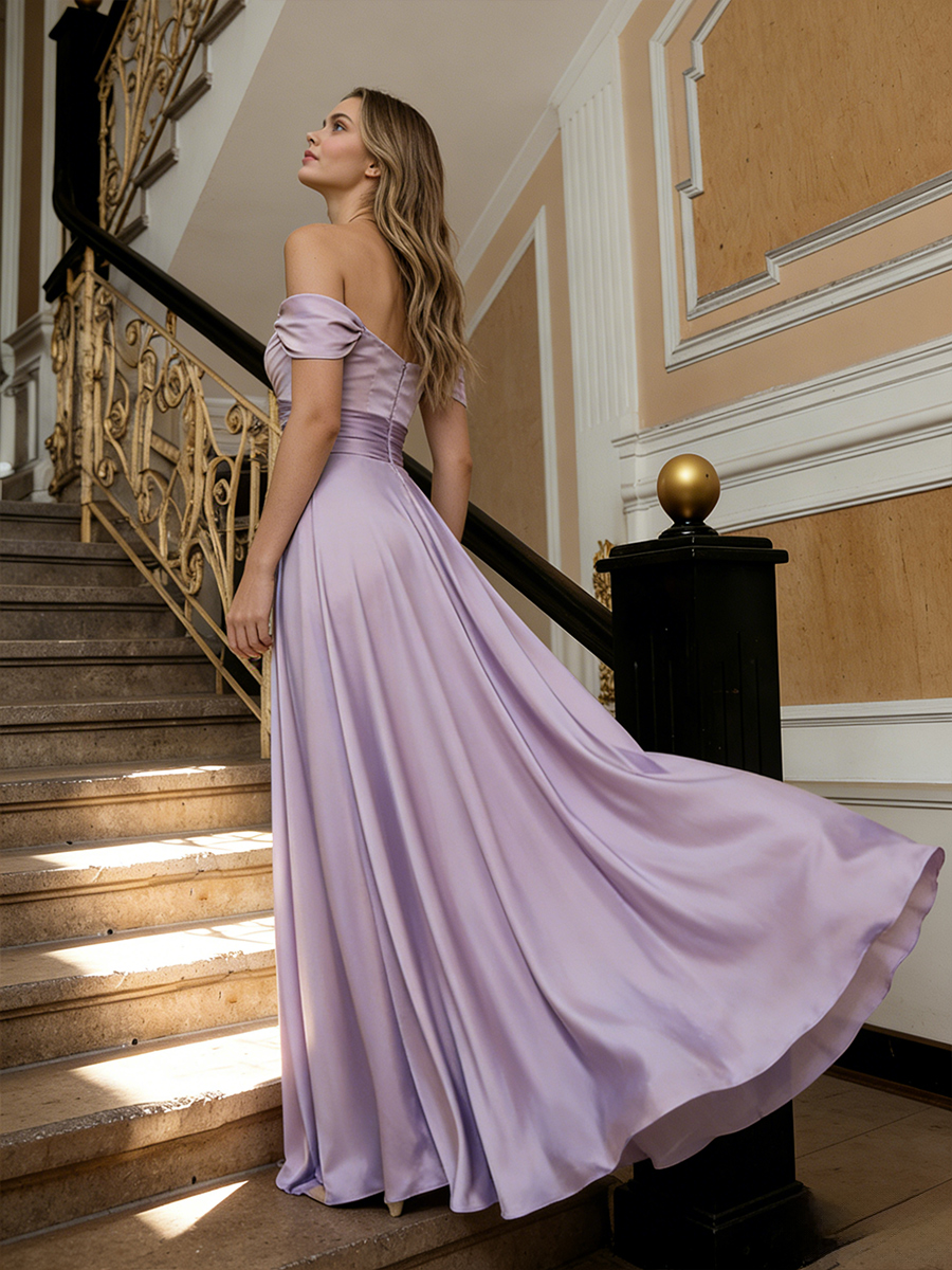 Off-the-Shoulder Ruched Waist Satin A-Line Floor-Length Prom Gown
