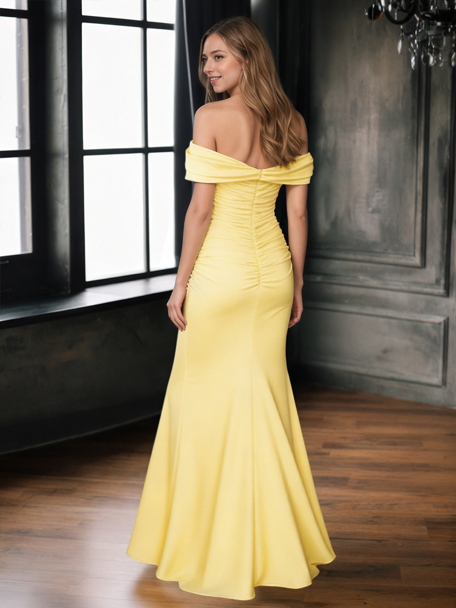 Elegant Off-the-Shoulder Ruched Bodycon Satin Mermaid Train Prom Gown