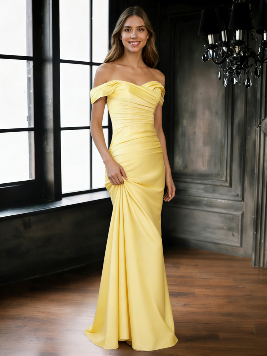Elegant Off-the-Shoulder Ruched Bodycon Satin Mermaid Train Prom Gown