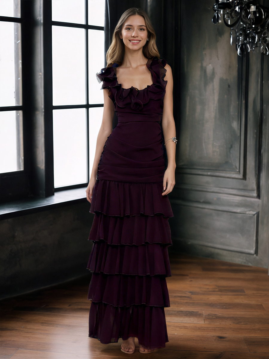 A-Line Square Neck Chiffon Floor-Length Tiered Ruffle Formal Evening Gown