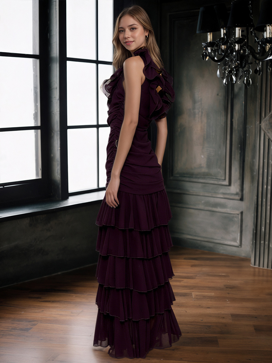 A-Line Square Neck Chiffon Floor-Length Tiered Ruffle Formal Evening Gown