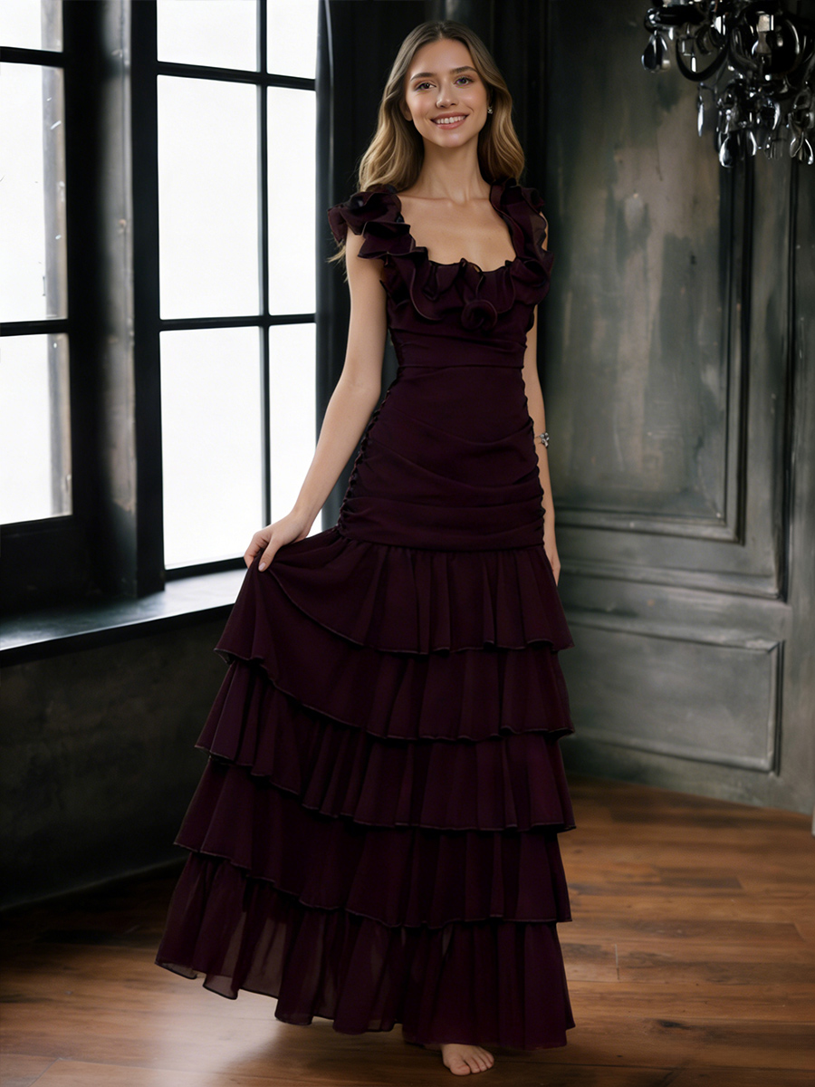 A-Line Square Neck Chiffon Floor-Length Tiered Ruffle Formal Evening Gown