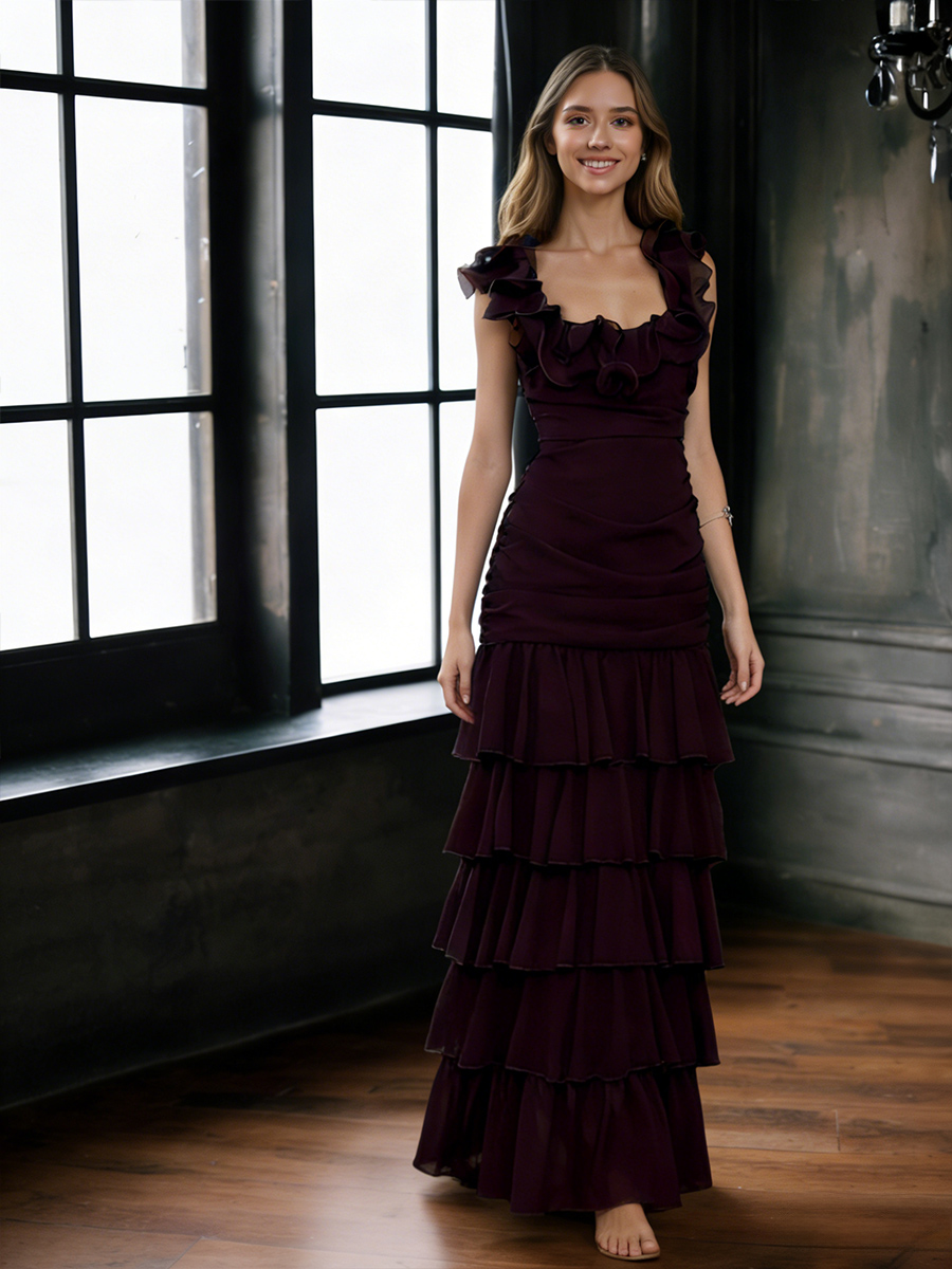 A-Line Square Neck Chiffon Floor-Length Tiered Ruffle Formal Evening Gown