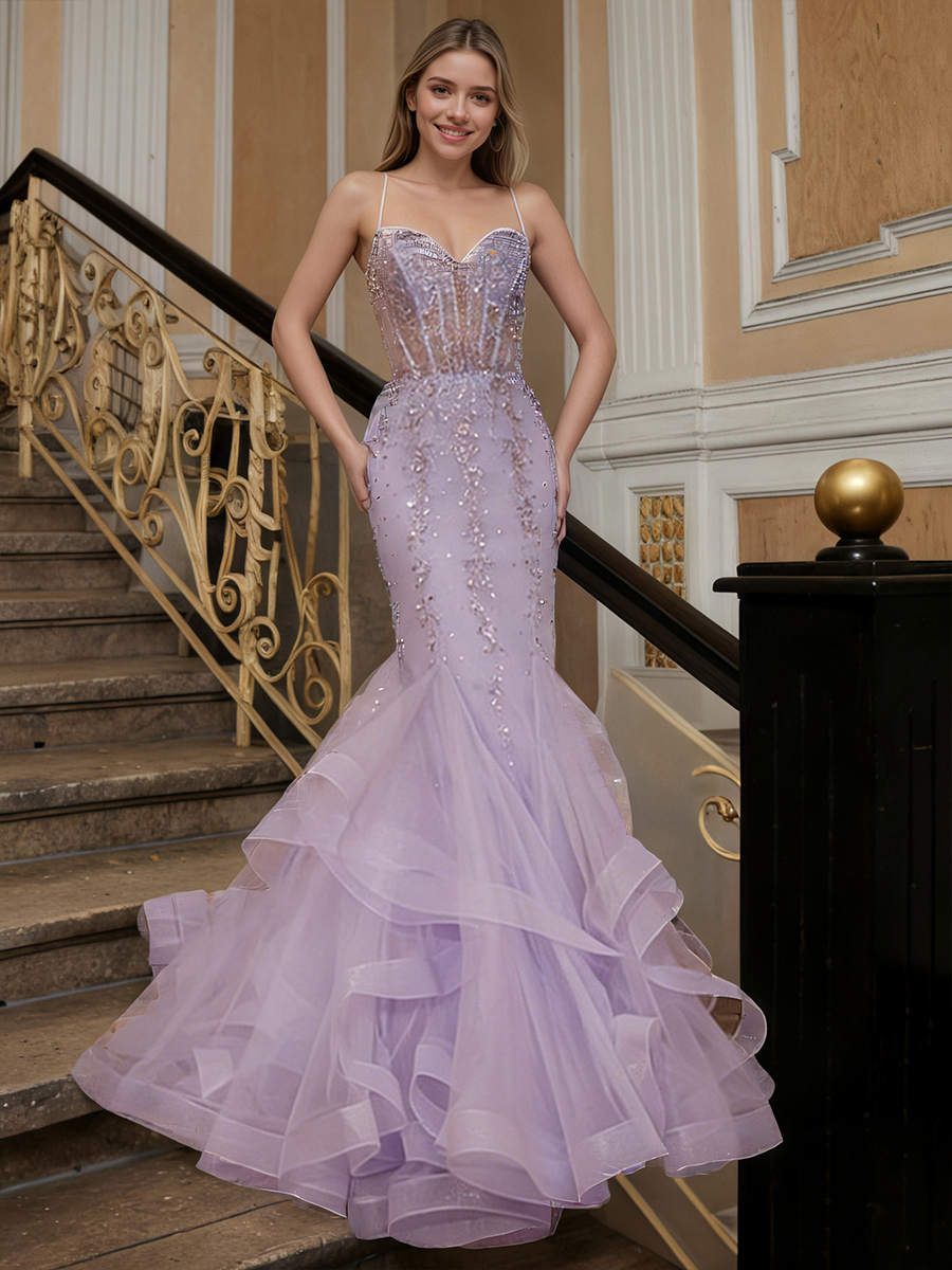 Sequin-Embellished Spaghetti Strap Tulle Mermaid Floor-Length Prom Dress
