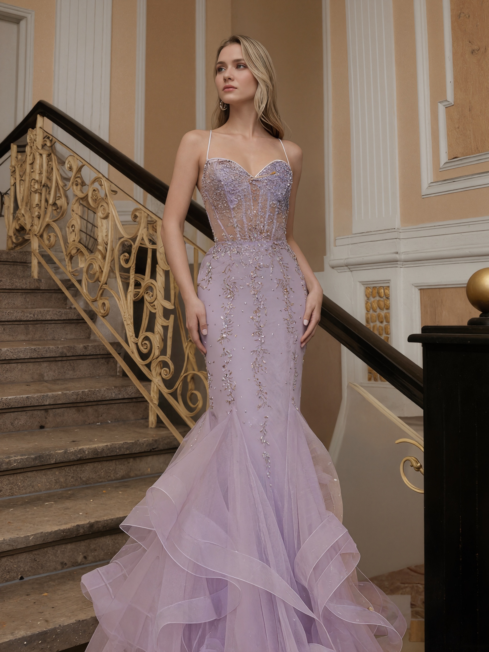 Sequin-Embellished Spaghetti Strap Tulle Mermaid Floor-Length Prom Dress