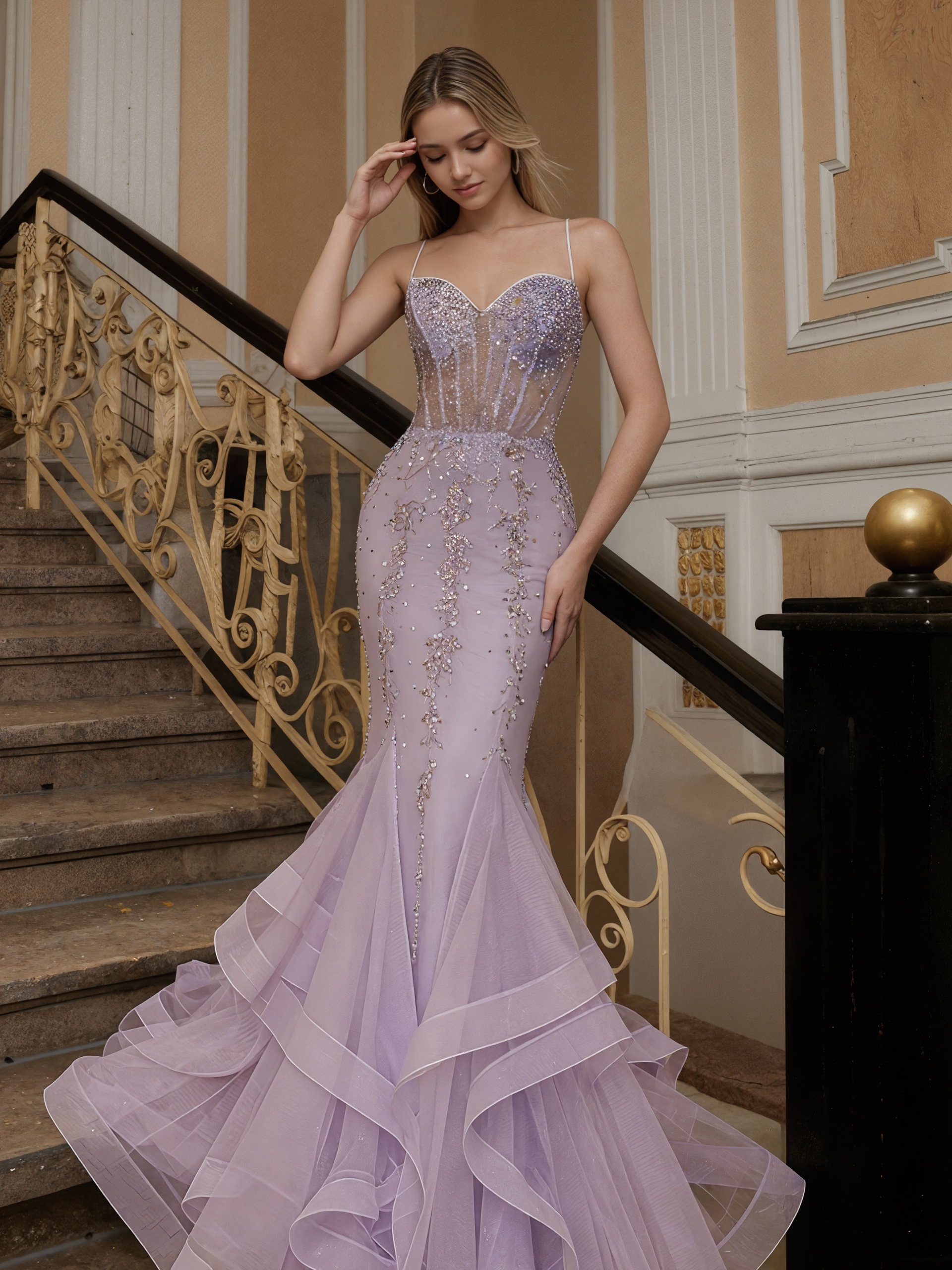 Sequin-Embellished Spaghetti Strap Tulle Mermaid Floor-Length Prom Dress