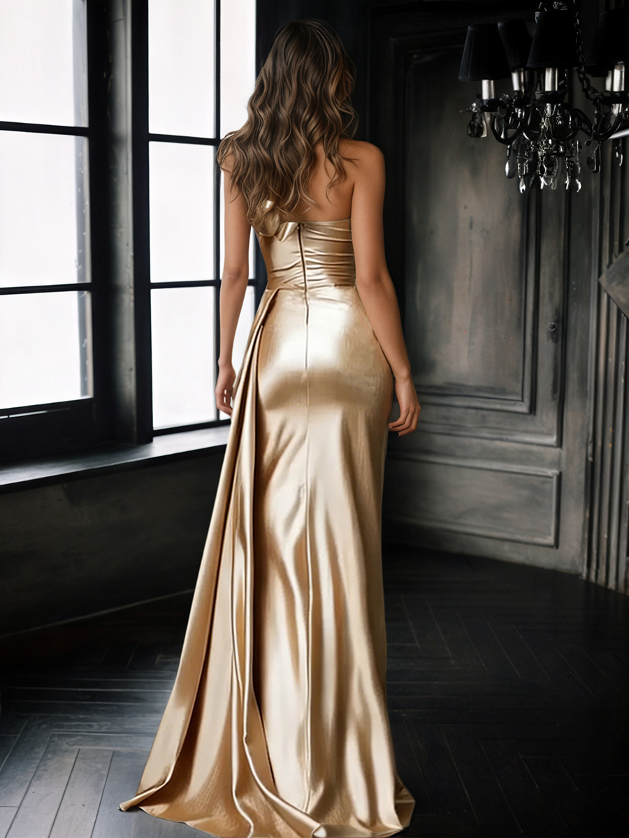 Asymmetrical One-Shoulder Satin Ruched Mermaid Floor-Length Prom Dress