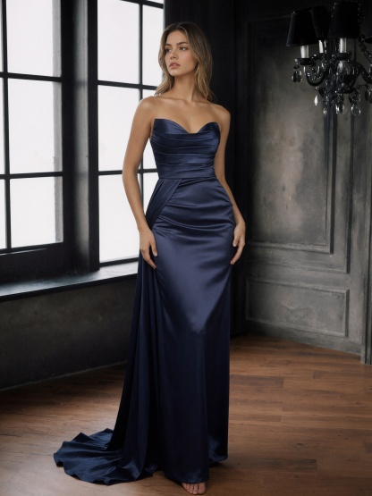 Strapless Satin Ruched A-Line Floor-Length Prom Dress