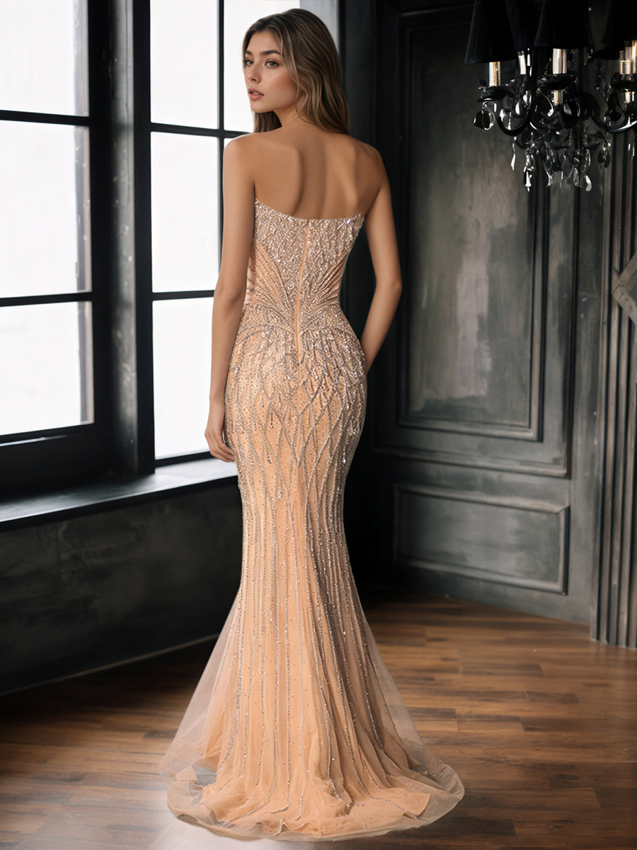 Sequin-Embellished Strapless Tulle Mermaid Floor-Length Prom Dress