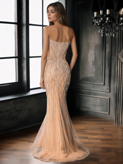 Sequin-Embellished Strapless Tulle Mermaid Floor-Length Prom Dress