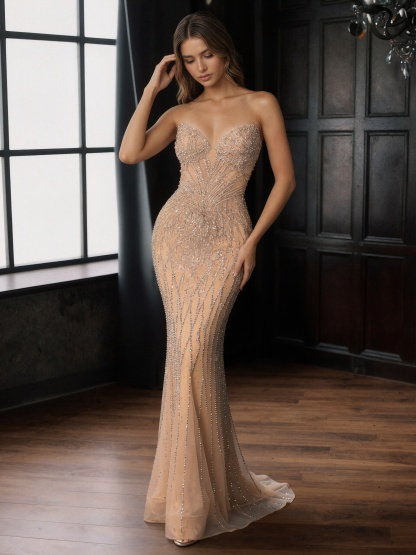 Sequin-Embellished Strapless Tulle Mermaid Floor-Length Prom Dress