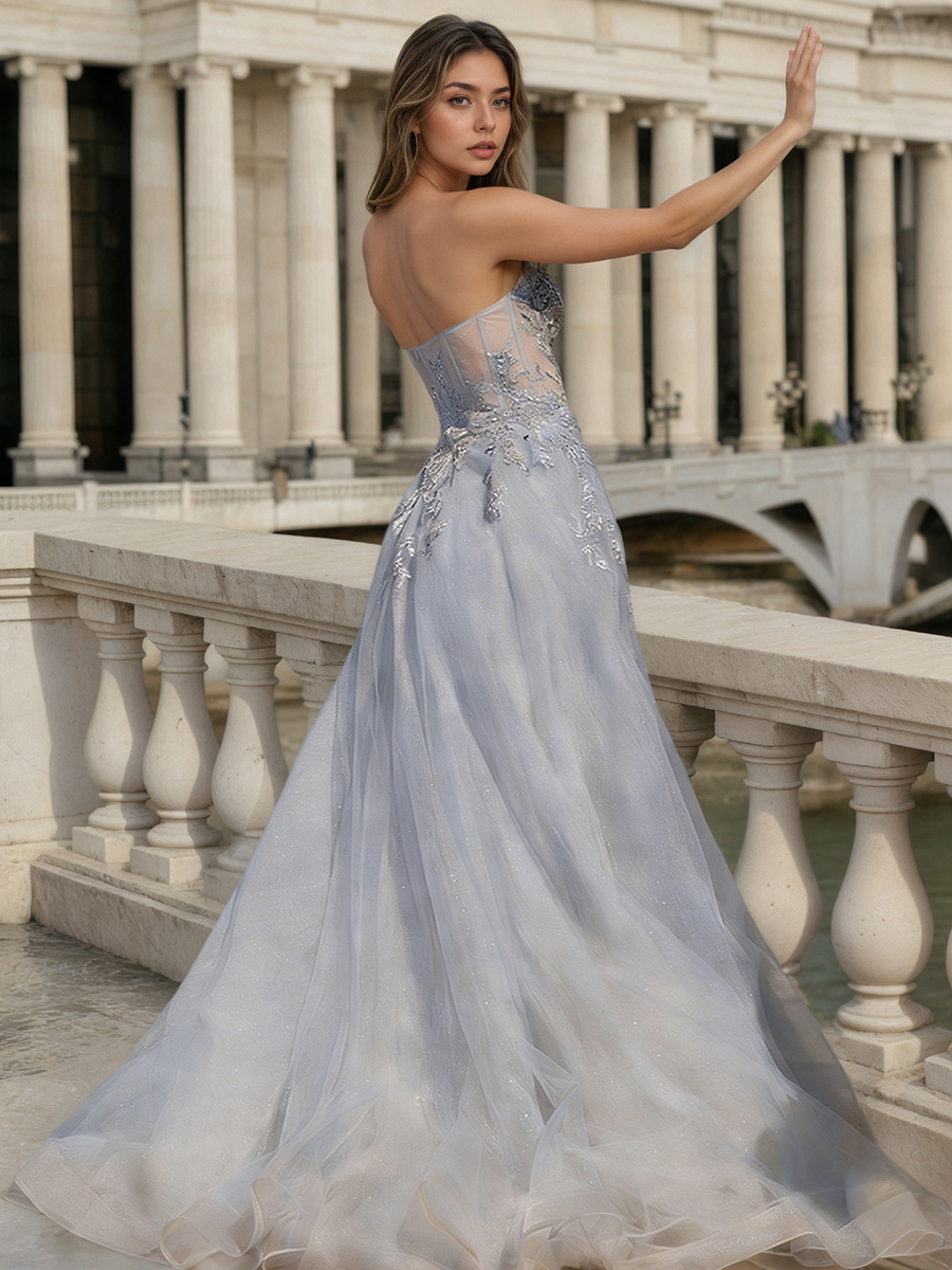 Elegant Strapless Beaded Illusion Tulle High Slit Train Formal Prom Gown