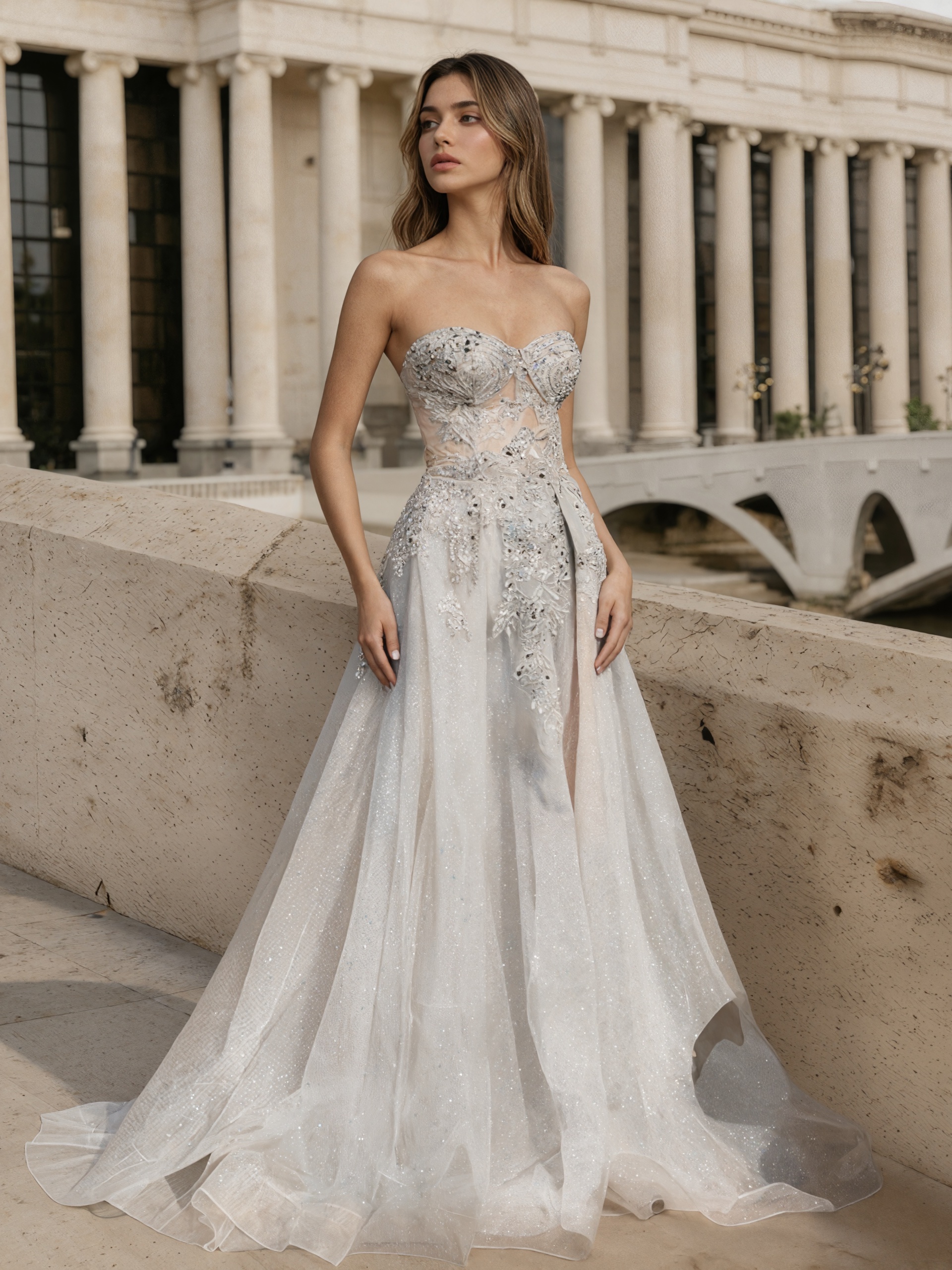 Elegant Strapless Beaded Illusion Tulle High Slit Train Formal Prom Gown