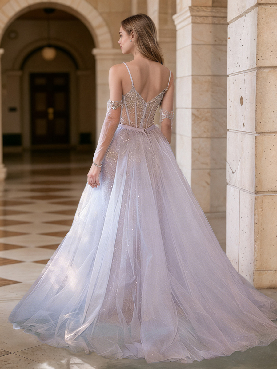 Elegant Spaghetti Strap Square Neck Beaded Illusion Tulle High Slit Prom Train