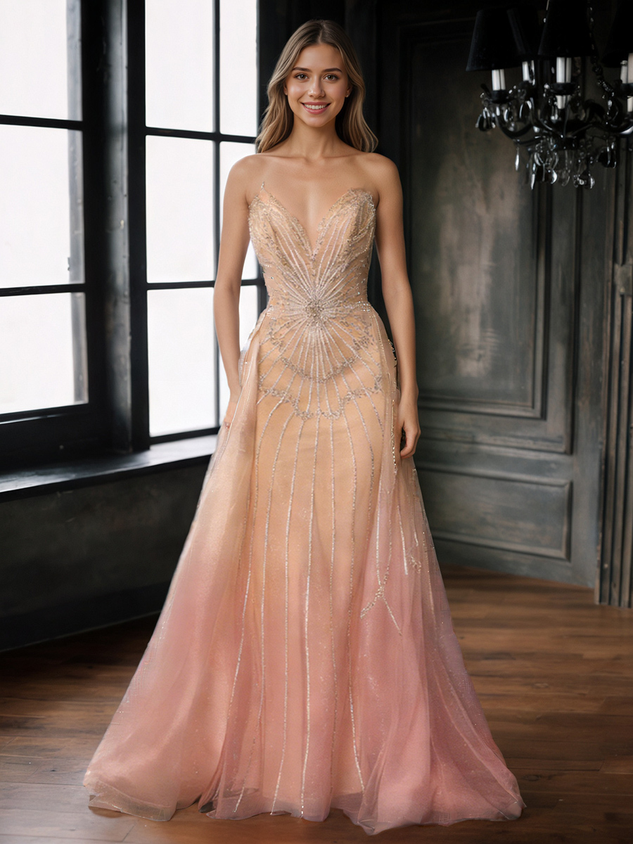 Elegant Strapless Radial Beaded Tulle Mermaid Train Formal Prom Gown