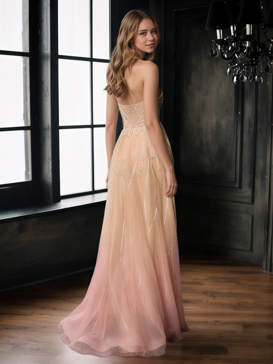Elegant Strapless Radial Beaded Tulle Mermaid Train Formal Prom Gown
