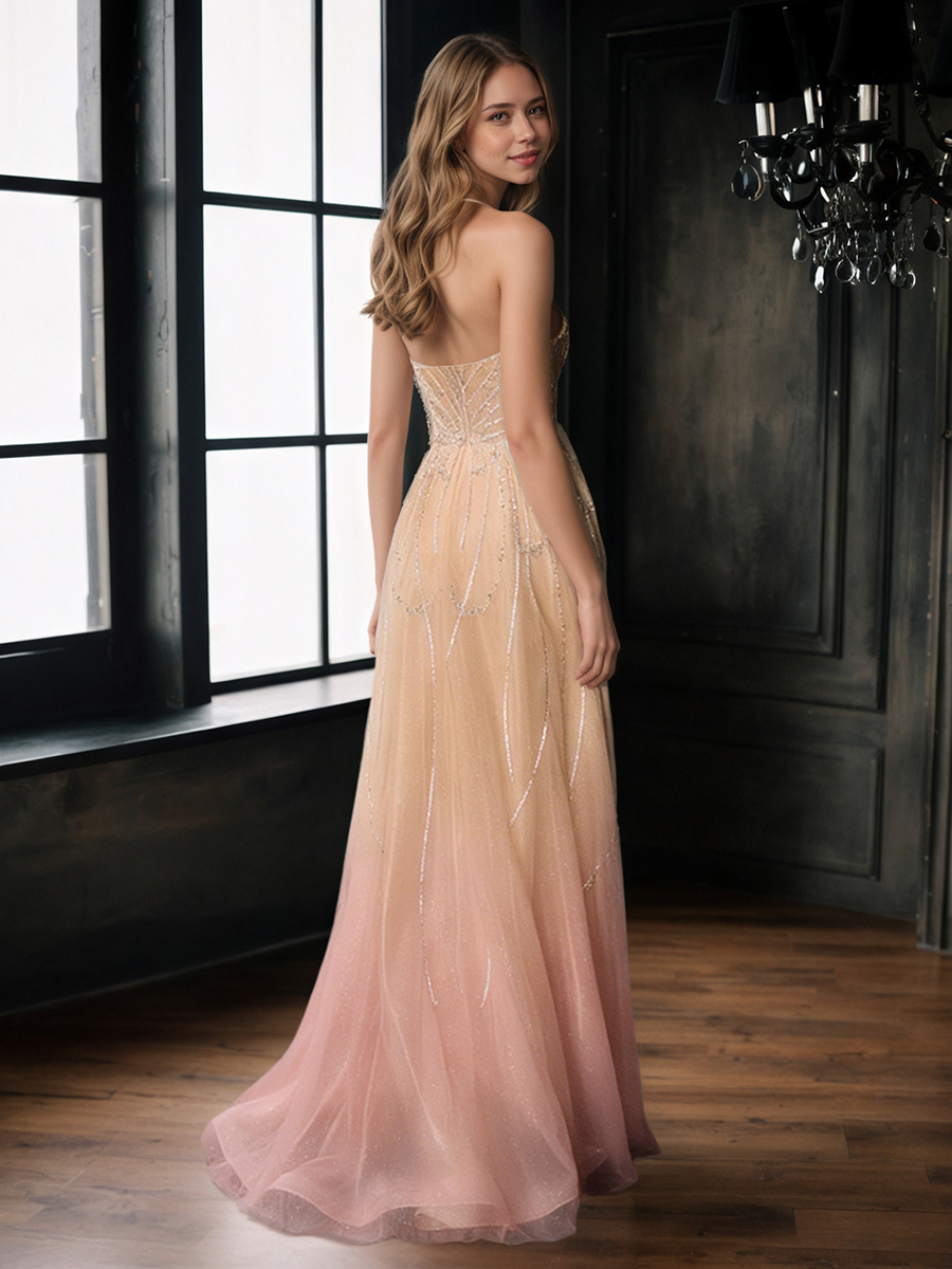 Elegant Strapless Radial Beaded Tulle Mermaid Train Formal Prom Gown