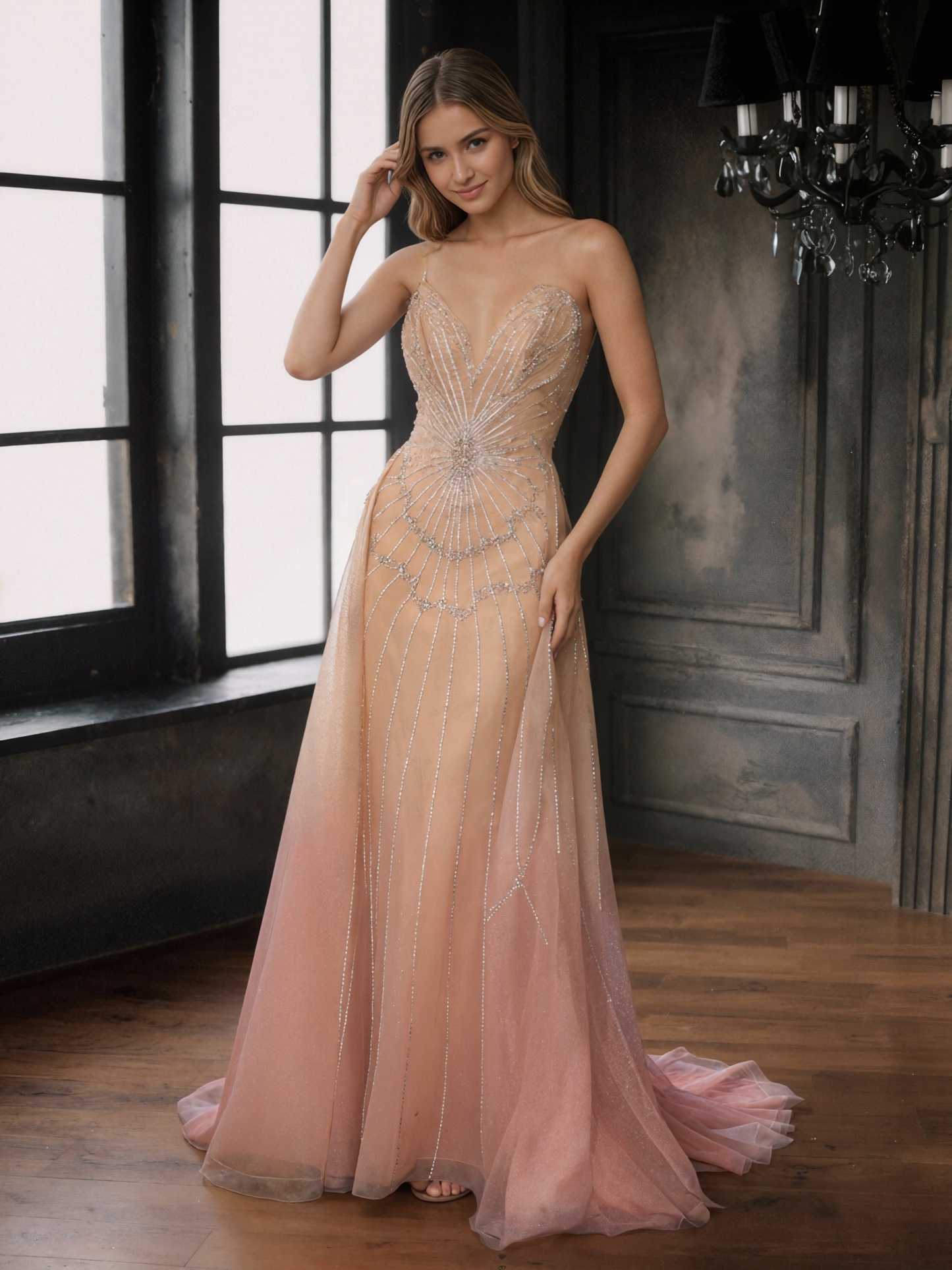 Elegant Strapless Radial Beaded Tulle Mermaid Train Formal Prom Gown