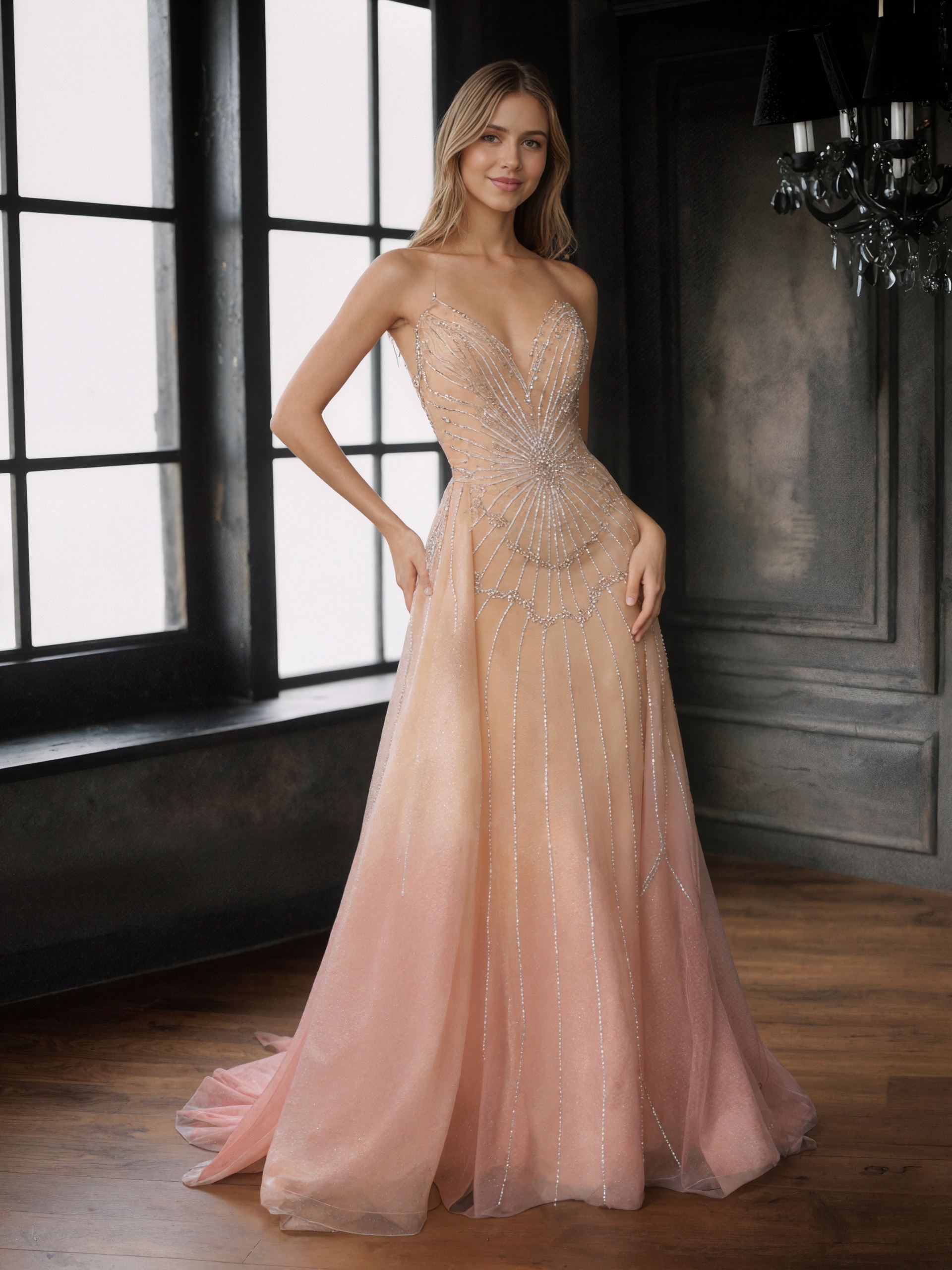Elegant Strapless Radial Beaded Tulle Mermaid Train Formal Prom Gown