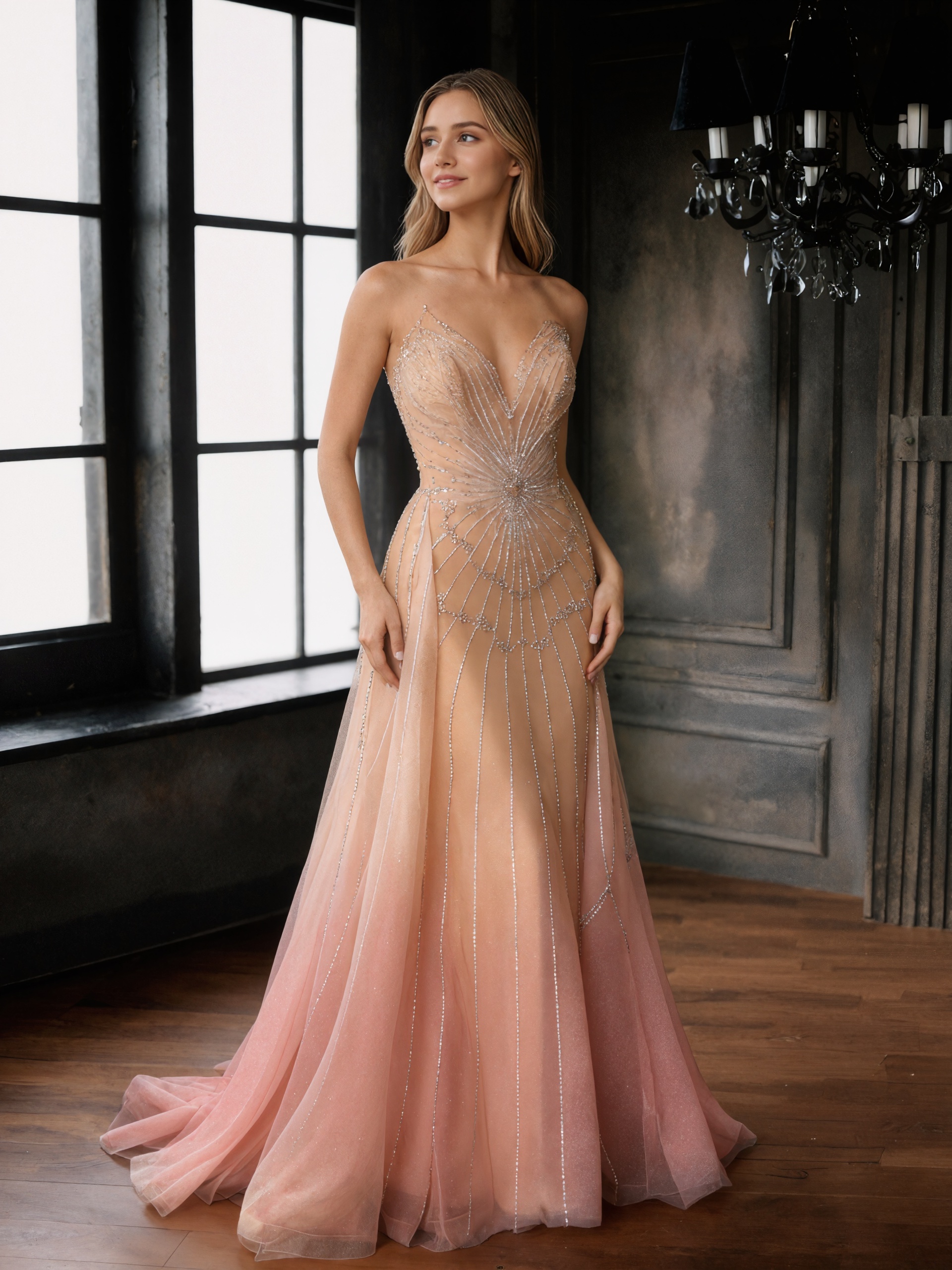 Elegant Strapless Radial Beaded Tulle Mermaid Train Formal Prom Gown