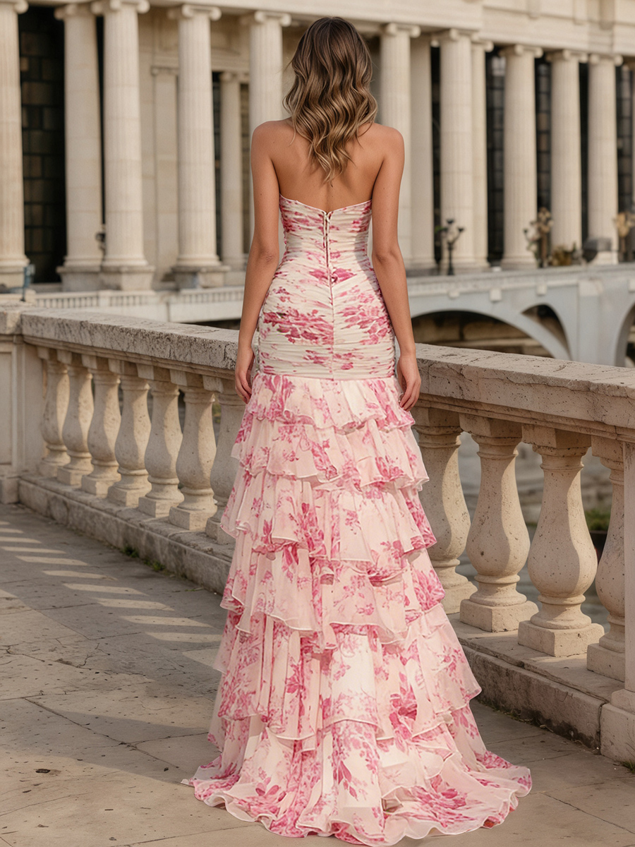 Strapless Ruched Cutout Floral Print Tiered Ruffle High Slit Train Prom Gown