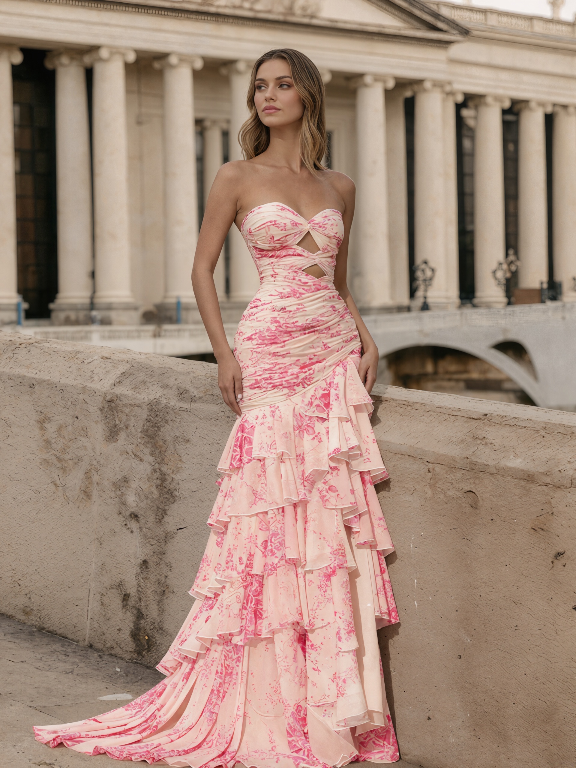 Strapless Ruched Cutout Floral Print Tiered Ruffle High Slit Train Prom Gown