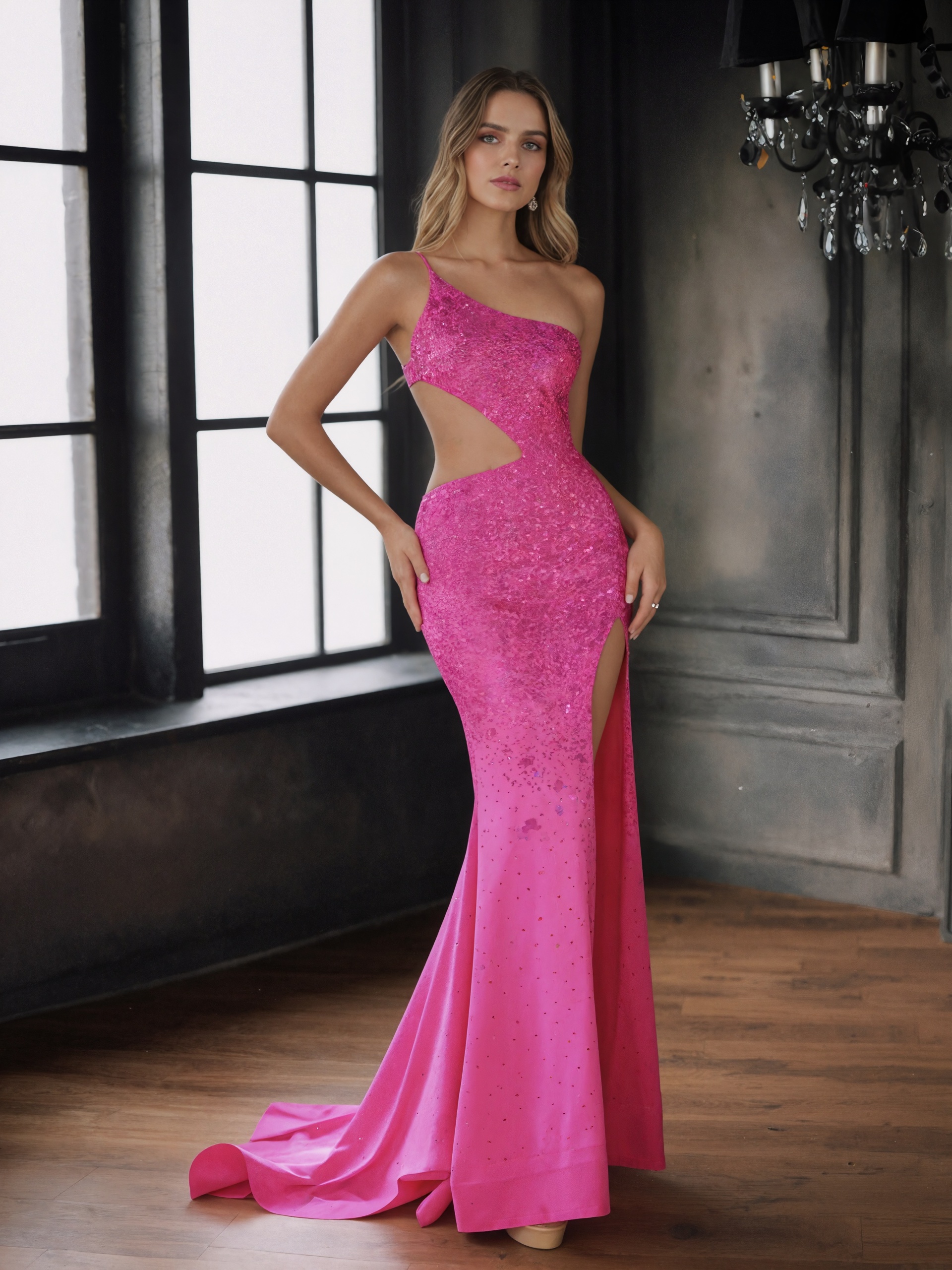 Sexy One-Shoulder Glitter Cutout Bodycon High Slit Train Prom Gown
