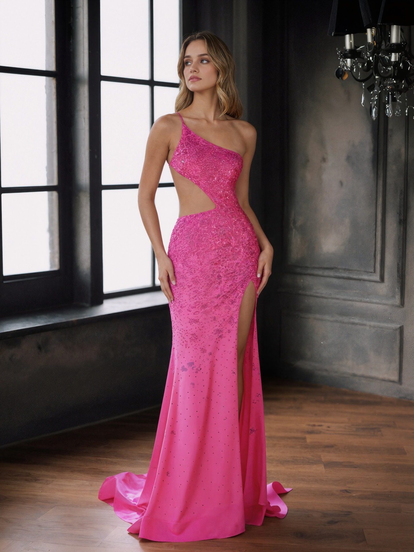 Sexy One-Shoulder Glitter Cutout Bodycon High Slit Train Prom Gown