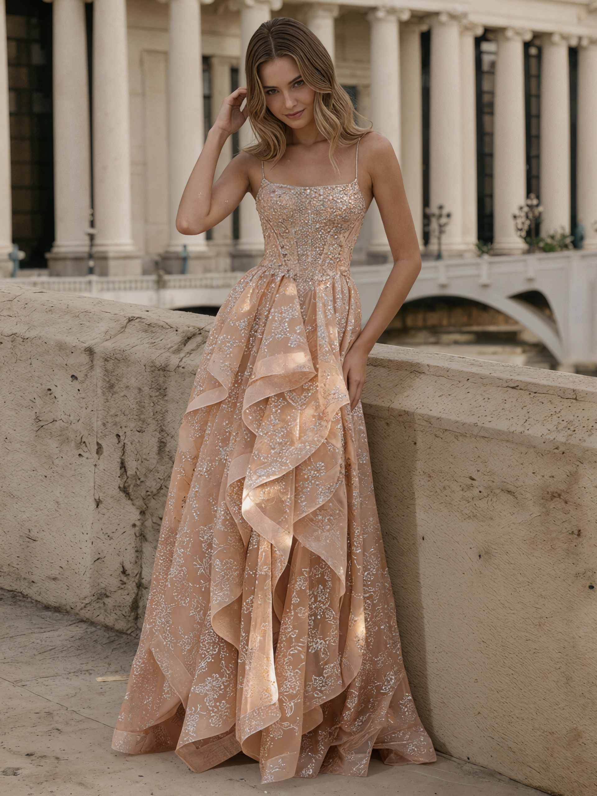 Gorgeous Spaghetti Strap Square Neck Beaded Corset Waist Tiered Ruffle Formal Prom Gown