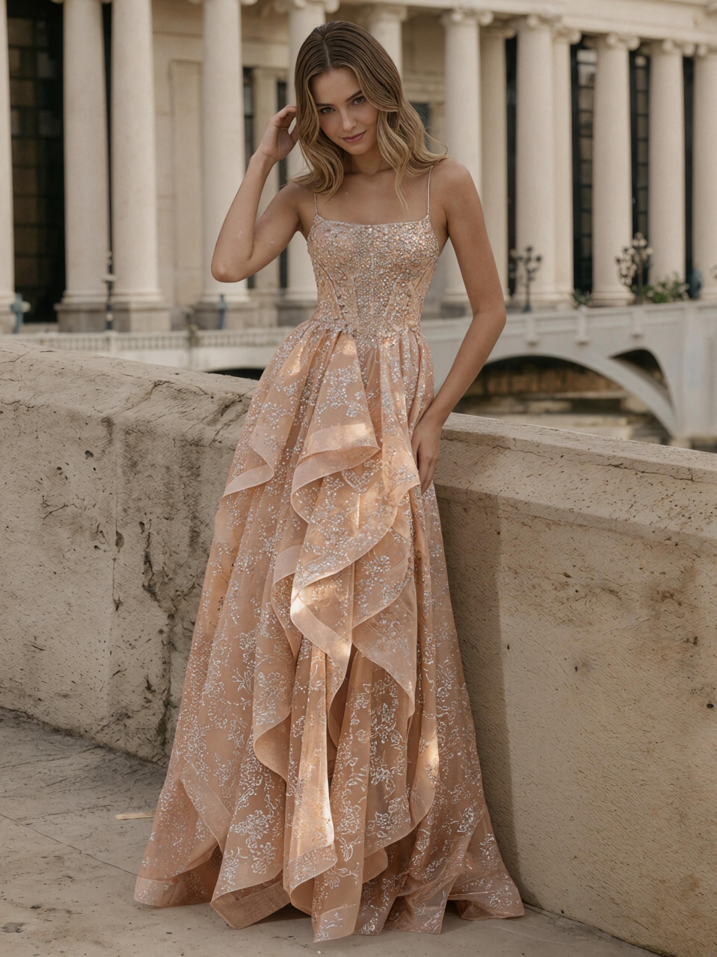 Gorgeous Spaghetti Strap Square Neck Beaded Corset Waist Tiered Ruffle Formal Prom Gown