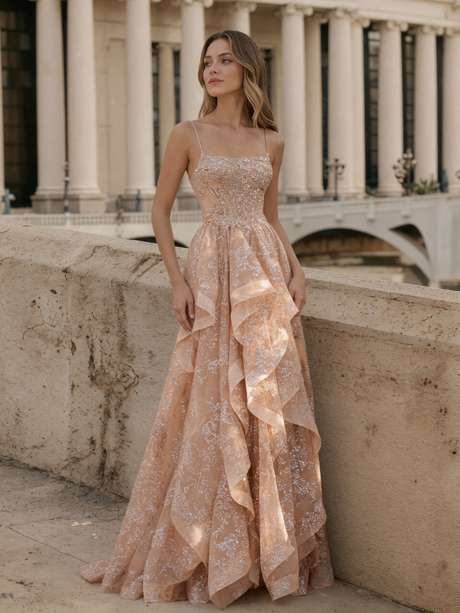 Gorgeous Spaghetti Strap Square Neck Beaded Corset Waist Tiered Ruffle Formal Prom Gown