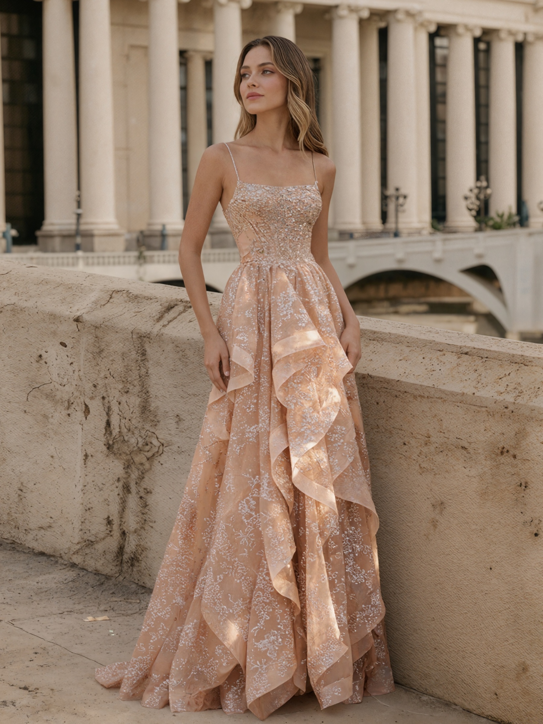 Gorgeous Spaghetti Strap Square Neck Beaded Corset Waist Tiered Ruffle Formal Prom Gown