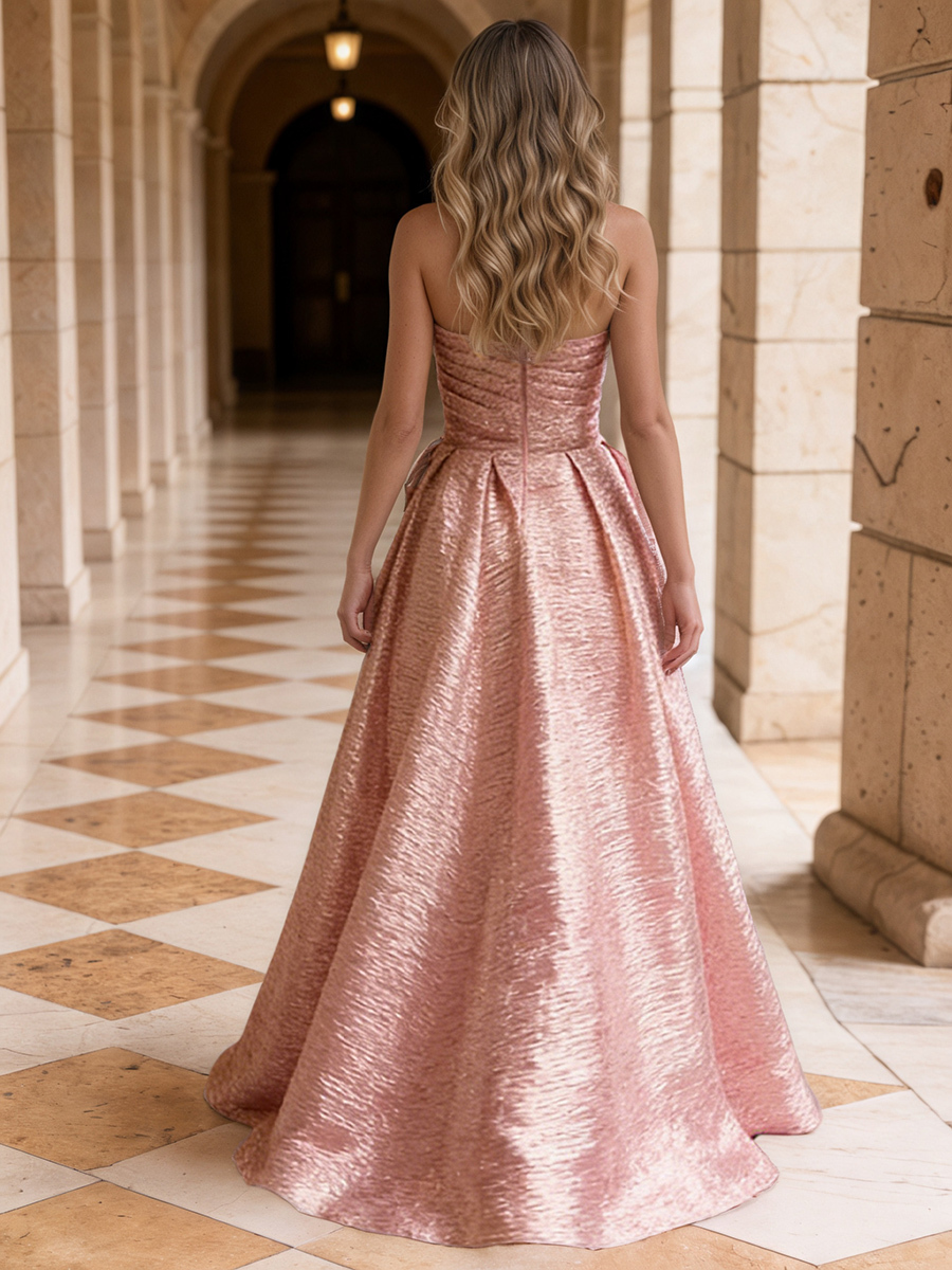 Strapless Ruched Oversized Bow Textured Satin Floor-length Prom Ball Gown