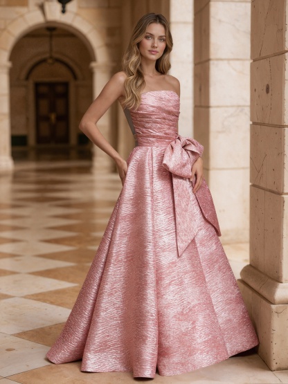 Strapless Ruched Oversized Bow Textured Satin Floor-length Prom Ball Gown