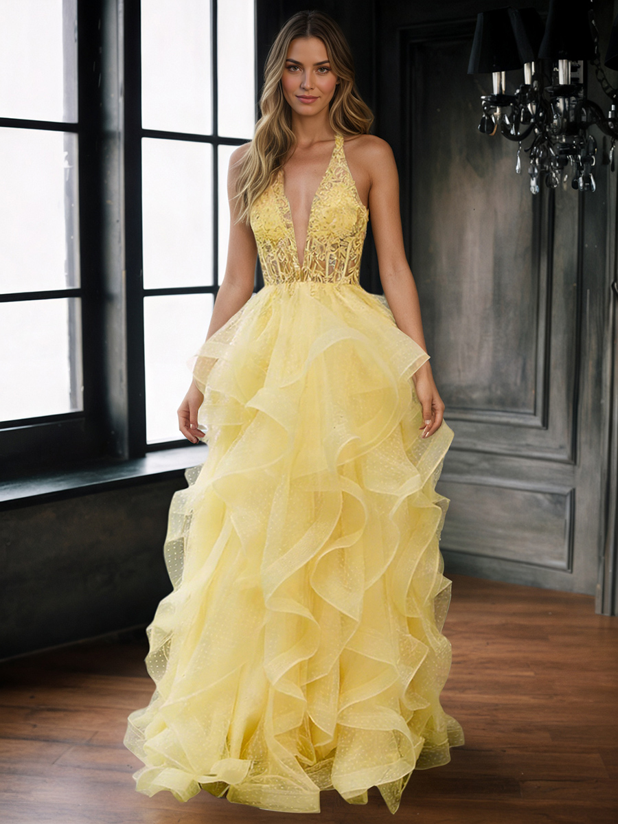 Halter Deep V-Neck Beaded Lace Tiered Tulle Prom Ball Gown