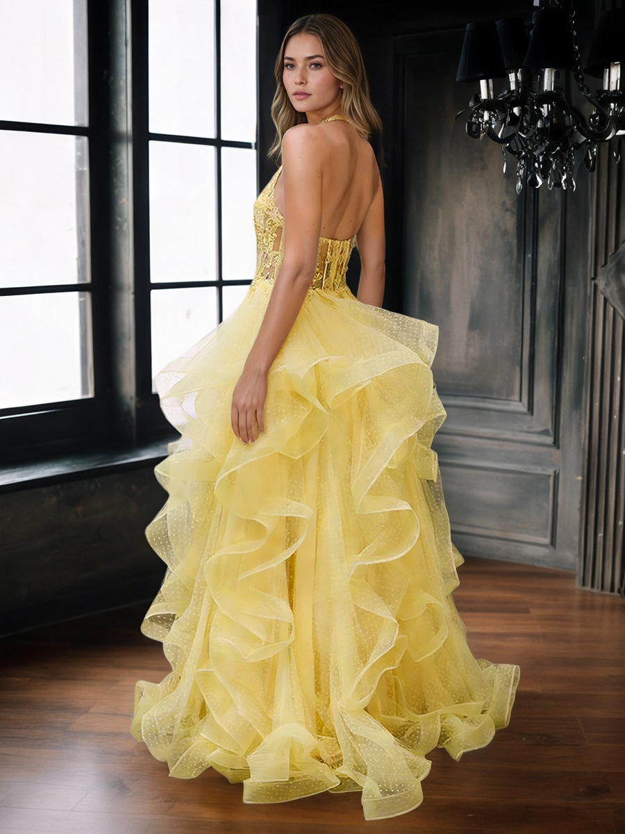 Halter Deep V-Neck Beaded Lace Tiered Tulle Prom Ball Gown