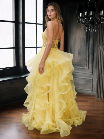 Halter Deep V-Neck Beaded Lace Tiered Tulle Prom Ball Gown