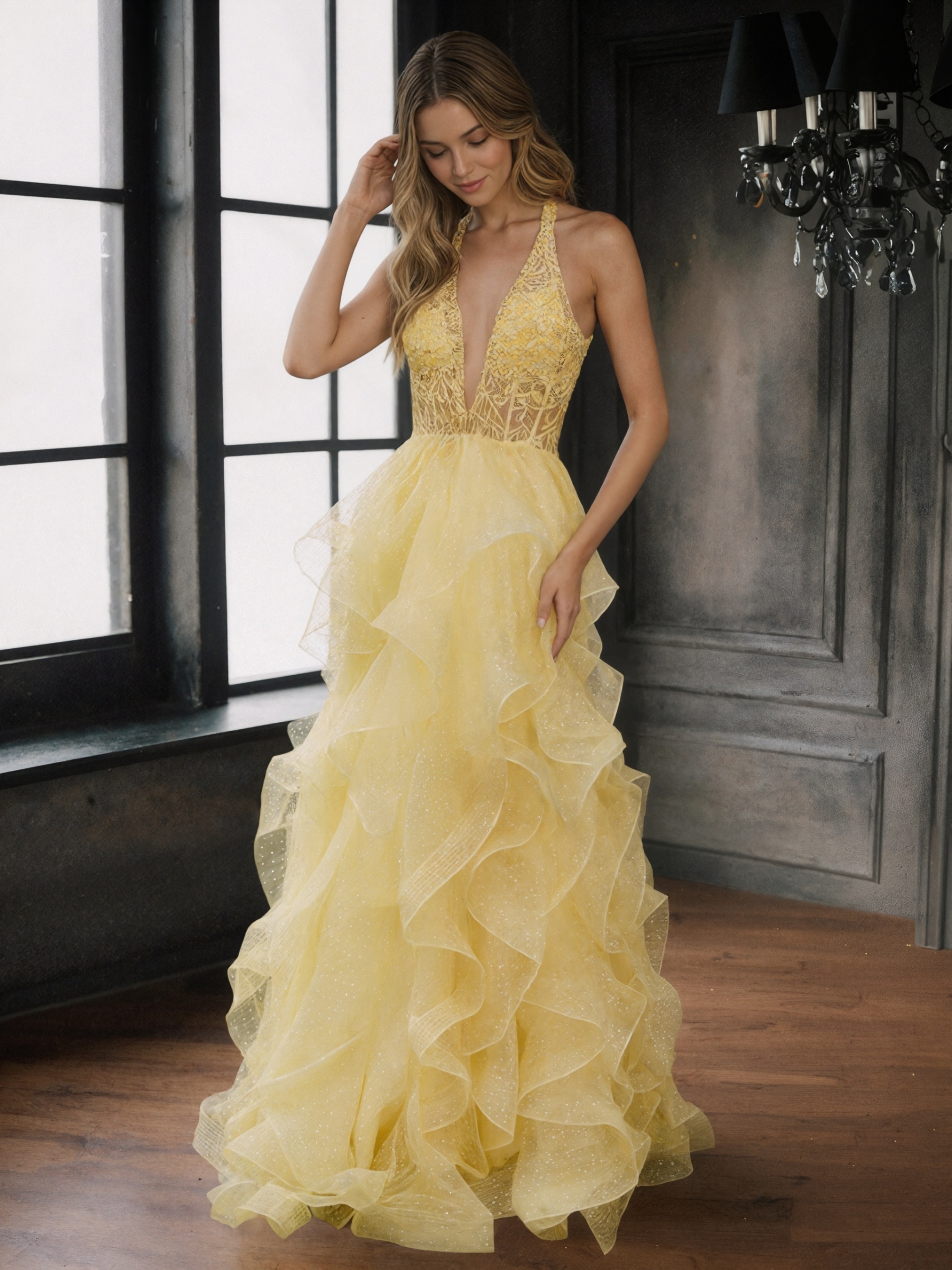 Halter Deep V-Neck Beaded Lace Tiered Tulle Prom Ball Gown